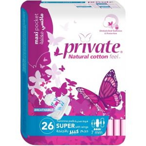 PRIVATE NATURAL COTTON MAXI POCKET SUPER FEMININE PADS — BREATHABLE 26 FEMININE PADS SUPER WITH WINGS